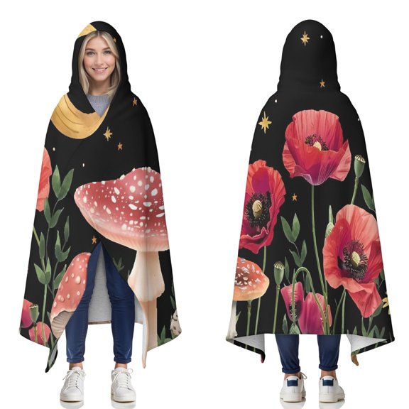 Wearable Blanket,Red Mushroom Fantasy Black Pattern Hooded Wearable Sherpa Blanket for Adults & Teens,Winter Poncho Shawl Wrap Cape Thick Warm,60"x80"