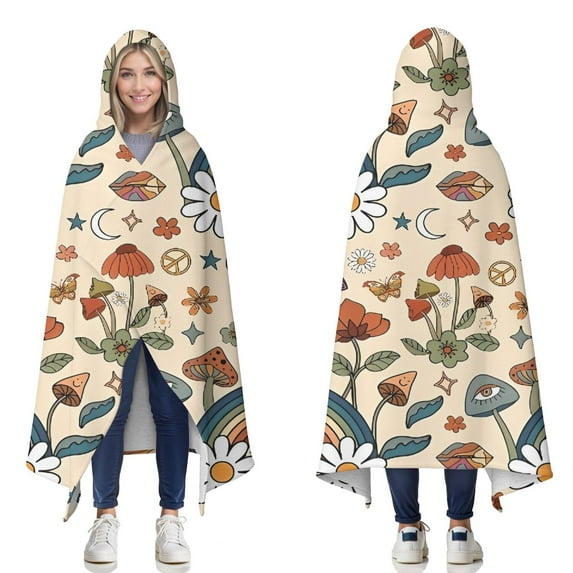 Wearable Blanket,Red Mushroom Rainbow Light Pattern Hooded Wearable Sherpa Blanket for Adults & Teens,Winter Poncho Shawl Wrap Cape Thick Warm,60"x80"