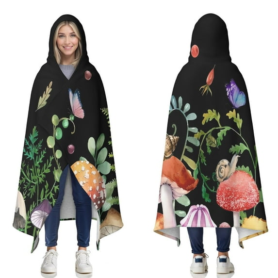 Wearable Blanket,Red Mushroom Snail Black Pattern Hooded Wearable Sherpa Blanket for Adults & Teens,Winter Poncho Shawl Wrap Cape Thick Warm,60"x80"