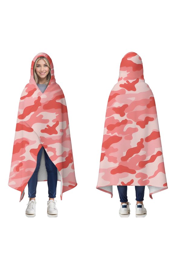 Wearable Blanket,Red Pink Camo Classic Shapes Pattern Hooded Wearable Sherpa Blanket for Adults & Teens,Winter Poncho Shawl Wrap Cape Thick Warm,60"x80"