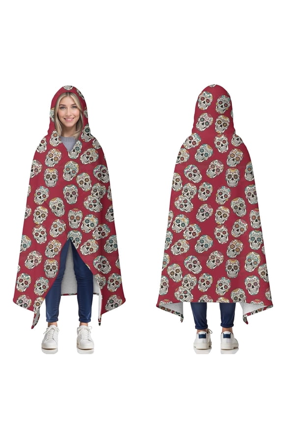 Wearable Blanket,Red Skull Pattern Hooded Wearable Sherpa Blanket for Adults & Teens,Winter Poncho Shawl Wrap Cape Thick Warm,60"x80"