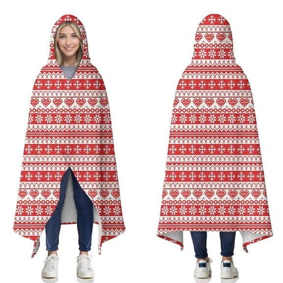 Wearable Blanket,Red and White Christmas Pattern Hooded Wearable Sherpa Blanket for Adults & Teens,Winter Poncho Shawl Wrap Cape Thick Warm,50"x60"