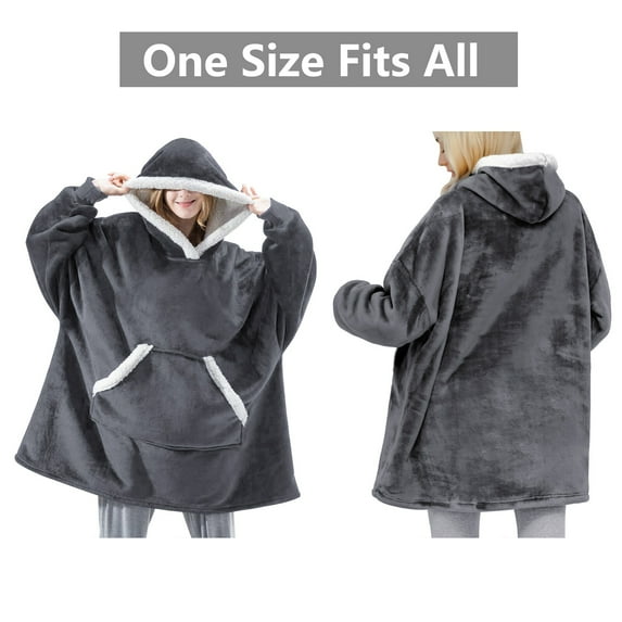 Wearable Sherpa Blanket Hoodie with Pocket, Double-Sided Plush & Flannel, Oversized Hood