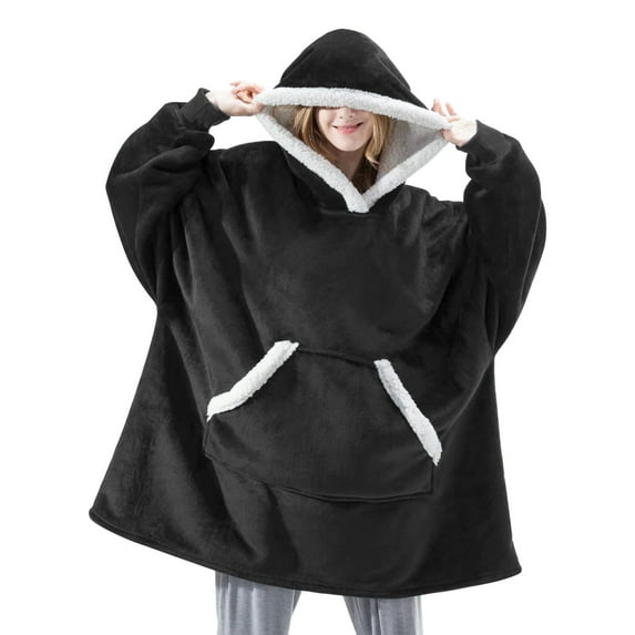 Wearable Sherpa Blanket Hoodie with Pocket, Double-Sided Plush & Flannel, Oversized Hood