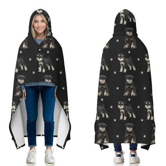 Wearable Blanket,Schnauzer Dog Hooded Wearable Flannel Blanket for Adults & Teens with Buckle,Winter Poncho Shawl Wrap Cape,50"x60"