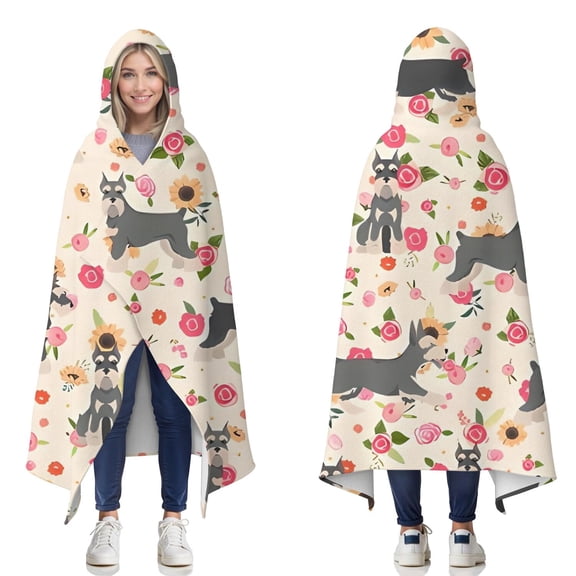 Wearable Blanket,Schnauzer Dog and Pioneer Flower Hooded Wearable Flannel Blanket for Adults & Teens,Winter Poncho Shawl Wrap Cape Cozy Anti-Pill,60"x80"