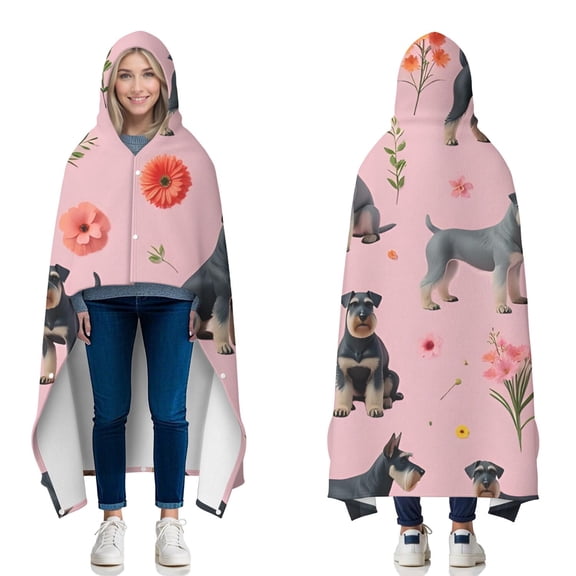 Wearable Blanket,Schnauzer Dogs and Pioneer Flower Hooded Wearable Flannel Blanket for Adults & Teens with Buckle,Winter Poncho Shawl Wrap Cape,50"x60"