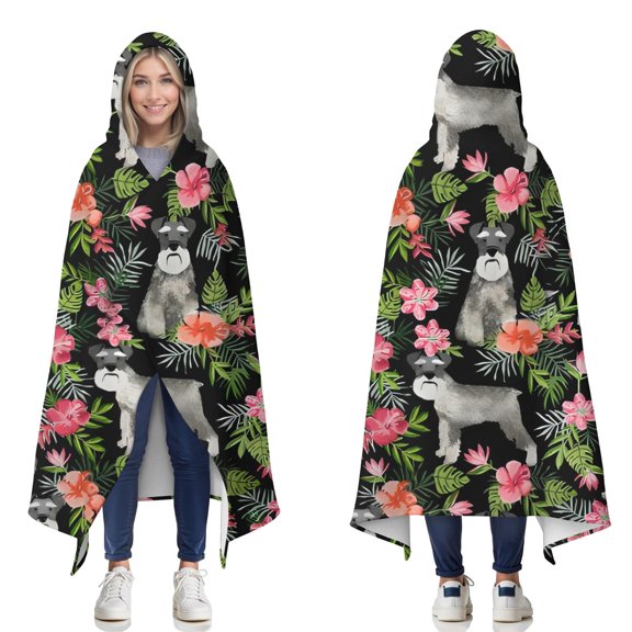 Wearable Blanket,Schnauzer with Pioneer Flower Hooded Wearable Flannel Blanket for Adults & Teens,Winter Poncho Shawl Wrap Cape Cozy Anti-Pill,50"x60"