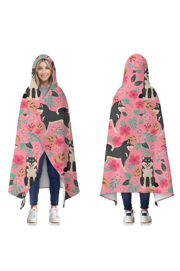 Wearable Blanket,Shiba Inu Dog and Flower Floral Hooded Wearable Flannel Blanket for Adults & Teens,Winter Poncho Shawl Wrap Cape Cozy Anti-Pill,60"x80"