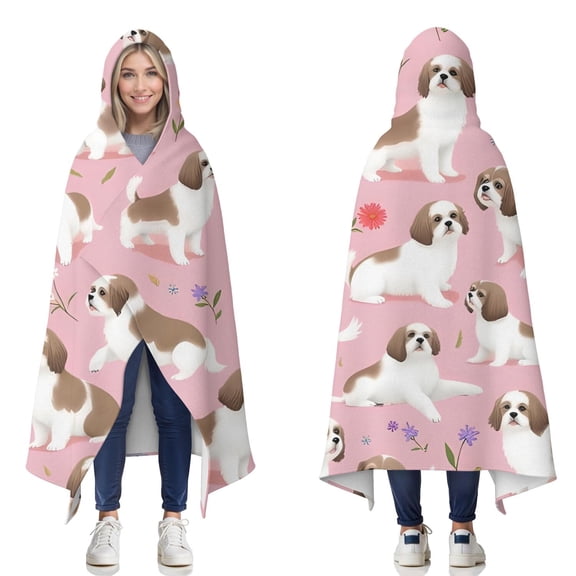 Wearable Blanket,Shih Tzu Dogs and Pioneer Flower Hooded Wearable Flannel Blanket for Adults & Teens,Winter Poncho Shawl Wrap Cape Cozy Anti-Pill,60"x80"