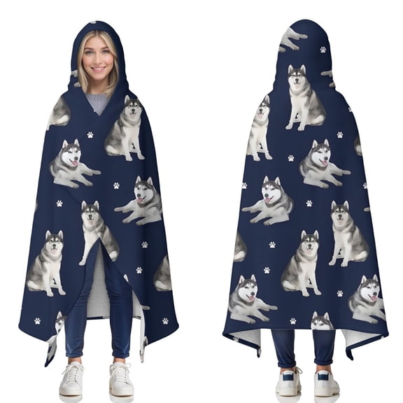 Wearable Blanket,Siberian Husky Hooded Wearable Sherpa Blanket for Adults & Teens,Winter Poncho Shawl Wrap Cape Thick Warm,50"x60"