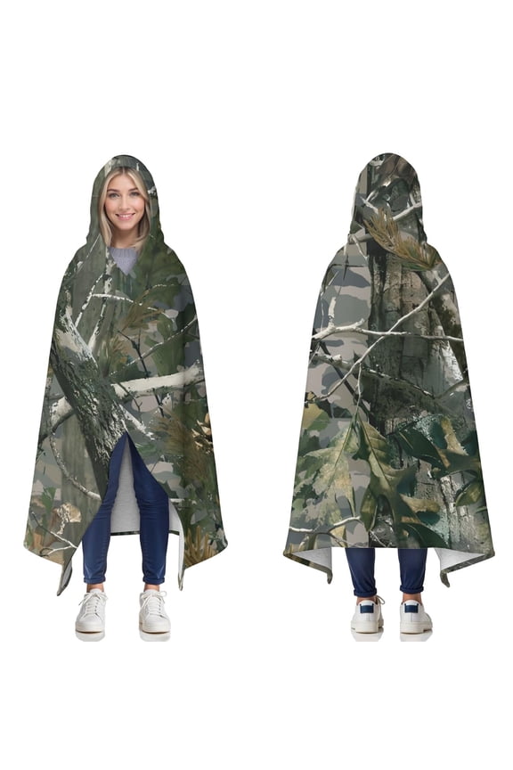 Wearable Blanket,Snow Camo Tree Trunks Pattern Hooded Wearable Sherpa Blanket for Adults & Teens,Winter Poncho Shawl Wrap Cape Thick Warm,50"x60"