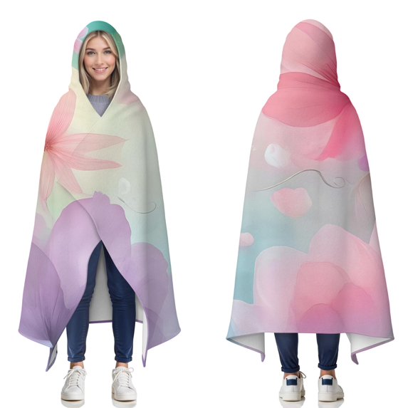 Wearable Blanket,Soft Floral Watercolor Pattern Hooded Wearable Flannel Blanket for Adults & Teens,Winter Poncho Shawl Wrap Cape Cozy Anti-Pill,50"x60"