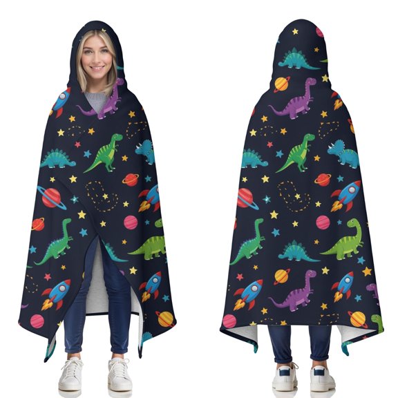 Wearable Blanket,Space Dinosaur Pattern Hooded Wearable Sherpa Blanket for Adults & Teens,Winter Poncho Shawl Wrap Cape Thick Warm,50"x60"