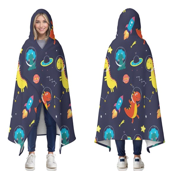 Wearable Blanket,Space Dinosaurs Rockets Pattern Hooded Wearable Sherpa Blanket for Adults & Teens,Winter Poncho Shawl Wrap Cape Thick Warm,50"x60"