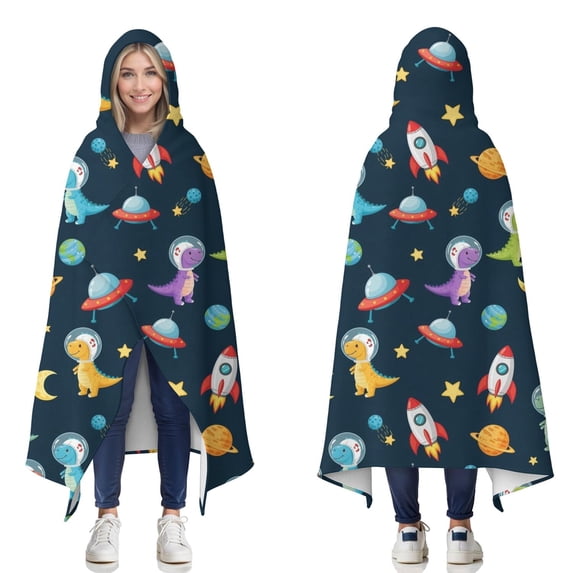 Wearable Blanket,Space Dinosaurs Rockets Planets Hooded Wearable Flannel Blanket for Adults & Teens,Winter Poncho Shawl Wrap Cape Cozy Anti-Pill,50"x60"