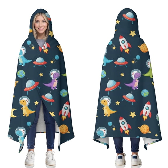 Wearable Blanket,Space Dinosaurs Rockets Planets Hooded Wearable Sherpa Blanket for Adults & Teens,Winter Poncho Shawl Wrap Cape Thick Warm,50"x60"