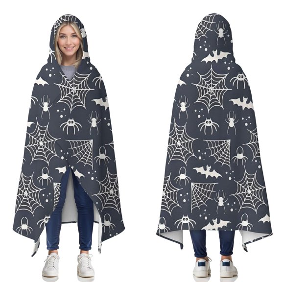 Wearable Blanket,Spider Web Bats Halloween Pattern Hooded Wearable Flannel Blanket for Adults & Teens,Winter Poncho Shawl Wrap Cape Cozy Anti-Pill,50"x60"