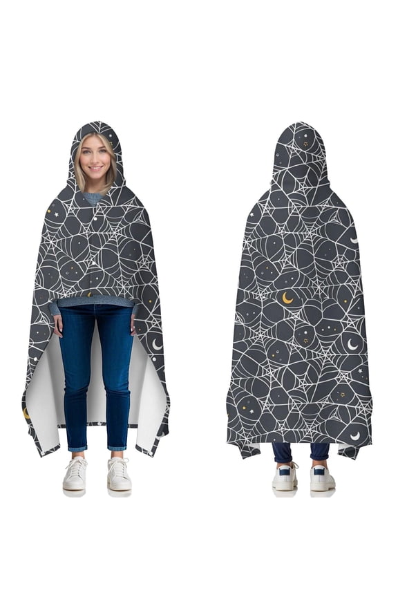 Wearable Blanket,Spider Web Halloween Pattern Hooded Wearable Flannel Blanket for Adults & Teens with Buckle,Winter Poncho Shawl Wrap Cape,50"x60"