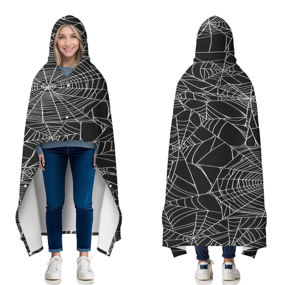 Wearable Blanket,Spider Web Halloween Pattern Hooded Wearable Flannel Blanket for Adults & Teens with Buckle,Winter Poncho Shawl Wrap Cape,50"x60"