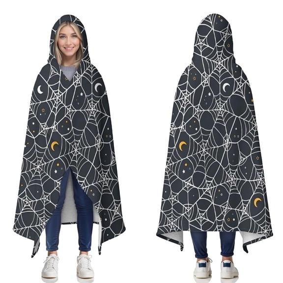 Wearable Blanket,Spider Web Halloween Pattern Hooded Wearable Sherpa Blanket for Adults & Teens,Winter Poncho Shawl Wrap Cape Thick Warm,50"x60"