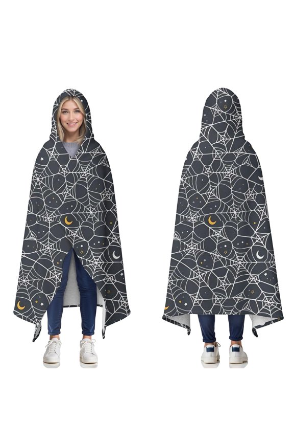 Wearable Blanket,Spider Web Halloween Pattern Hooded Wearable Sherpa Blanket for Adults & Teens,Winter Poncho Shawl Wrap Cape Thick Warm,60"x80"
