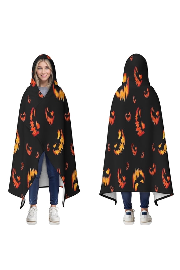 Wearable Blanket,Spooky Halloween Faces Pattern Hooded Wearable Sherpa Blanket for Adults & Teens,Winter Poncho Shawl Wrap Cape Thick Warm,50"x60"