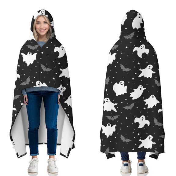 Wearable Blanket,Spooky Halloween Ghosts Pattern Hooded Wearable Flannel Blanket for Adults & Teens with Buckle,Winter Poncho Shawl Wrap Cape,50"x60"