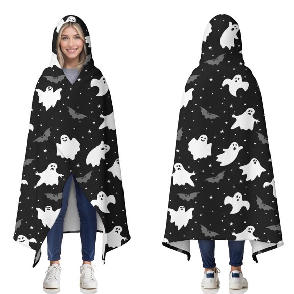 Wearable Blanket,Spooky Halloween Ghosts Pattern Hooded Wearable Sherpa Blanket for Adults & Teens,Winter Poncho Shawl Wrap Cape Thick Warm,60"x80"