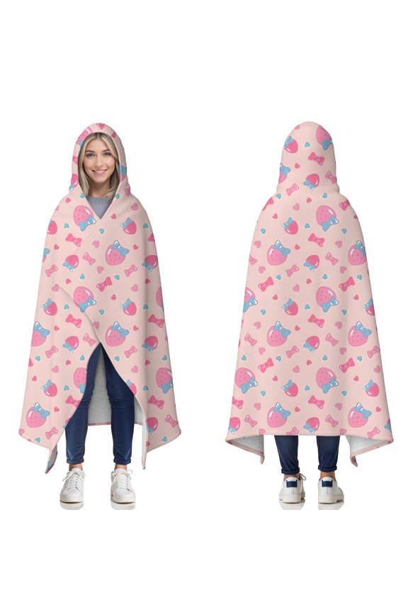 Wearable Blanket,Strawberry Plants Fruit Bow Pink Pattern Hooded Wearable Sherpa Blanket for Adults & Teens,Winter Poncho Shawl Wrap Cape Thick Warm,50"x60"