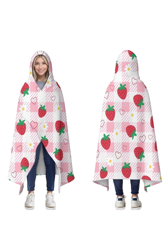 Wearable Blanket,Strawberry Plants Fruit Heart Daisy Checkered Hooded Wearable Sherpa Blanket for Adults & Teens,Winter Poncho Shawl Wrap Cape Thick Warm,60"x80"