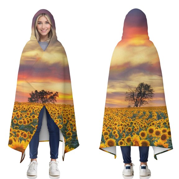 Wearable Blanket,Sunset Sunflower Field Scene Hooded Wearable Flannel Blanket for Adults & Teens,Winter Poncho Shawl Wrap Cape Cozy Anti-Pill,60"x80"