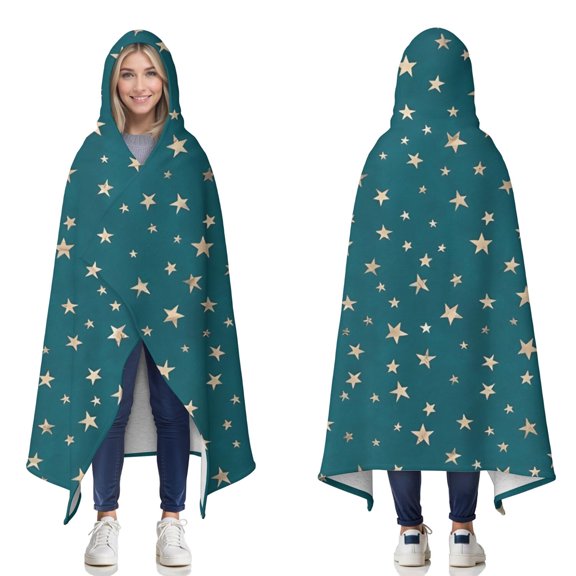 Wearable Blanket,Teal Christmas Star Pattern Hooded Wearable Sherpa Blanket for Adults & Teens,Winter Poncho Shawl Wrap Cape Thick Warm,50"x60"