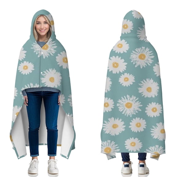 Wearable Blanket,Teal Daisy Flower Golden Centers Pattern Hooded Wearable Flannel Blanket for Adults & Teens with Buckle,Winter Poncho Shawl Wrap Cape,50"x60"