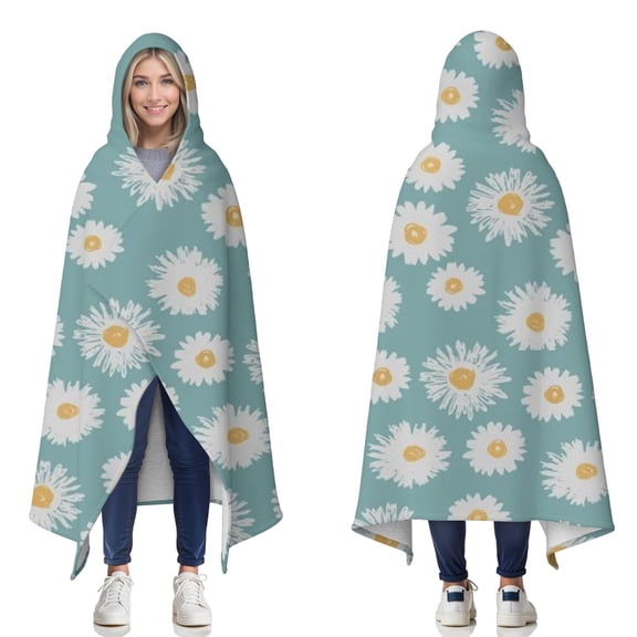 Wearable Blanket,Teal Daisy Flower Golden Centers Pattern Hooded Wearable Sherpa Blanket for Adults & Teens,Winter Poncho Shawl Wrap Cape Thick Warm,60"x80"
