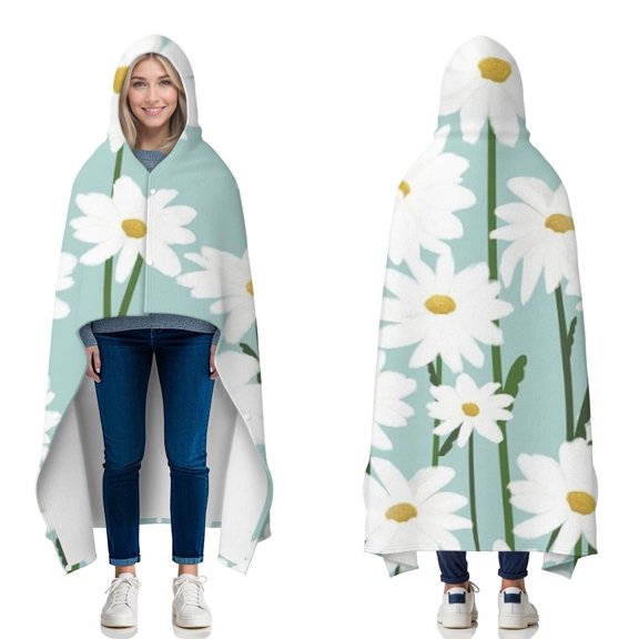 Wearable Blanket,Teal Daisy Flower White Blooms Pattern Hooded Wearable Flannel Blanket for Adults & Teens with Buckle,Winter Poncho Shawl Wrap Cape,50"x60"