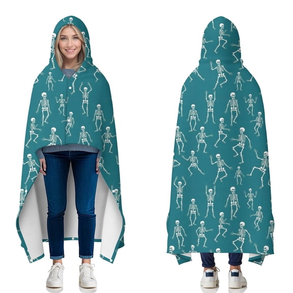 Wearable Blanket,Teal Dancing Skeleton Pattern Hooded Wearable Flannel Blanket for Adults & Teens with Buckle,Winter Poncho Shawl Wrap Cape,50"x60"