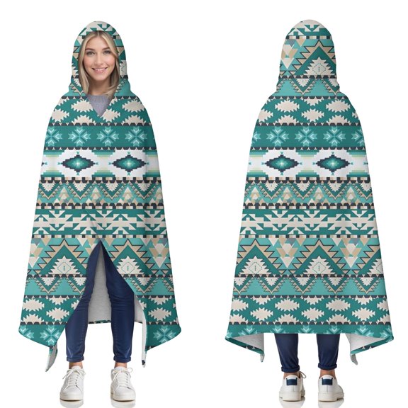 Wearable Blanket,Teal Geometric Boho Pattern Hooded Wearable Sherpa Blanket for Adults & Teens,Winter Poncho Shawl Wrap Cape Thick Warm,50"x60"