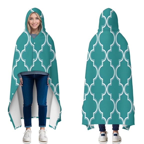 Wearable Blanket,Teal Geometric Quatrefoil Pattern Hooded Wearable Flannel Blanket for Adults & Teens with Buckle,Winter Poncho Shawl Wrap Cape,50"x60"