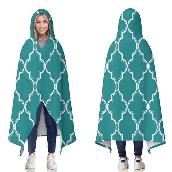 Wearable Blanket,Teal Geometric Quatrefoil Pattern Hooded Wearable Sherpa Blanket for Adults & Teens,Winter Poncho Shawl Wrap Cape Thick Warm,50"x60"
