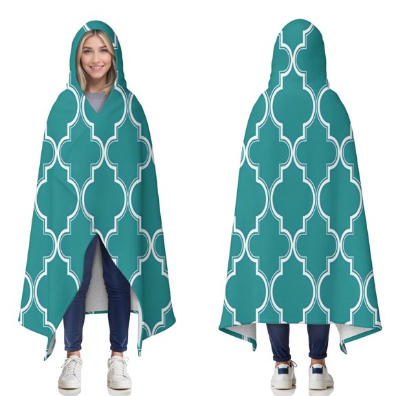 Wearable Blanket,Teal Geometric Quatrefoil Pattern Hooded Wearable Sherpa Blanket for Adults & Teens,Winter Poncho Shawl Wrap Cape Thick Warm,60"x80"