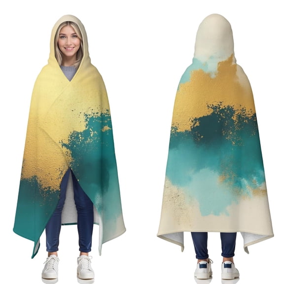 Wearable Blanket,Teal and Gold Marble Abstract Waves Pattern Hooded Wearable Sherpa Blanket for Adults & Teens,Winter Poncho Shawl Wrap Cape Thick Warm,50"x60"