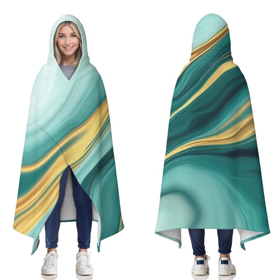 Wearable Blanket,Teal and Gold Marble Flow Lines Pattern Hooded Wearable Sherpa Blanket for Adults & Teens,Winter Poncho Shawl Wrap Cape Thick Warm,50"x60"