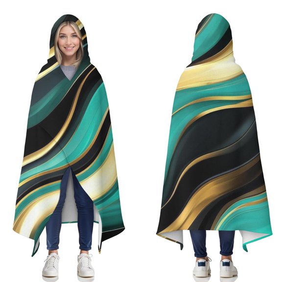 Wearable Blanket,Teal Gold Marble Pattern Hooded Wearable Flannel Blanket for Adults & Teens,Winter Poncho Shawl Wrap Cape Cozy Anti-Pill,50"x60"