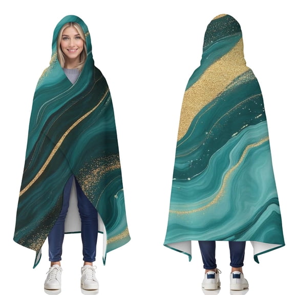 Wearable Blanket,Teal Gold Marble Pattern Hooded Wearable Flannel Blanket for Adults & Teens,Winter Poncho Shawl Wrap Cape Cozy Anti-Pill,50"x60"