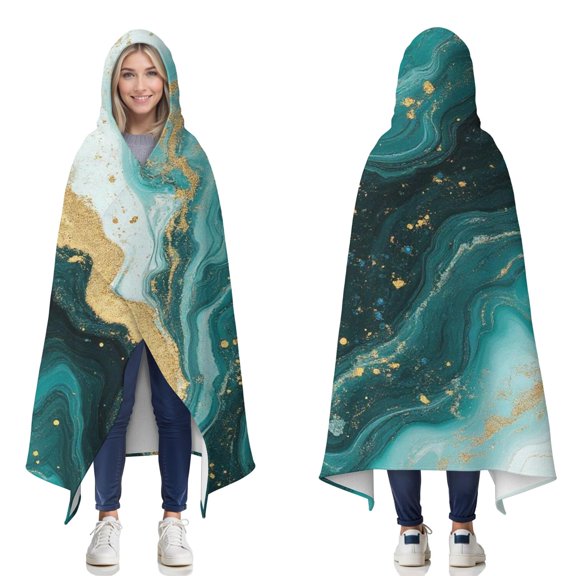 Wearable Blanket,Teal Gold Marble Pattern Hooded Wearable Flannel Blanket for Adults & Teens,Winter Poncho Shawl Wrap Cape Cozy Anti-Pill,50"x60"