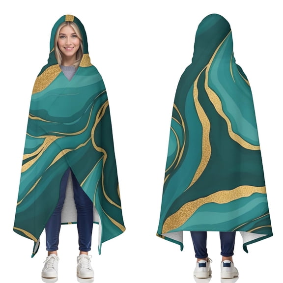 Wearable Blanket,Teal Gold Marble Pattern Hooded Wearable Sherpa Blanket for Adults & Teens,Winter Poncho Shawl Wrap Cape Thick Warm,50"x60"