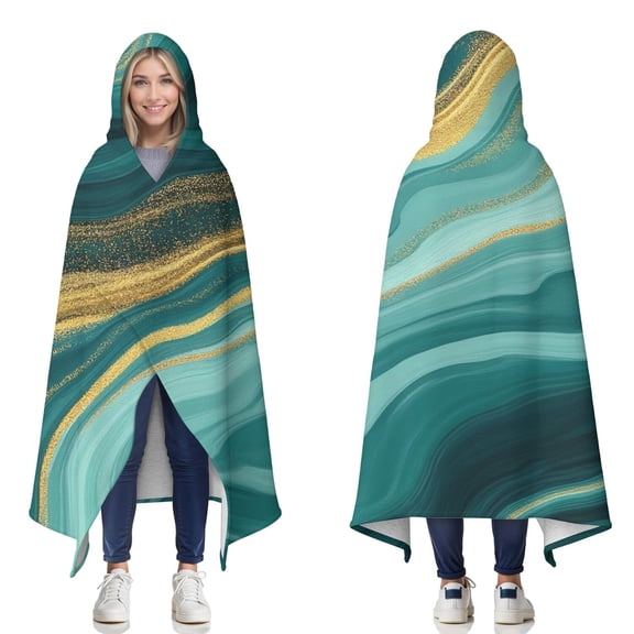 Wearable Blanket,Teal Gold Marble Pattern Hooded Wearable Sherpa Blanket for Adults & Teens,Winter Poncho Shawl Wrap Cape Thick Warm,50"x60"