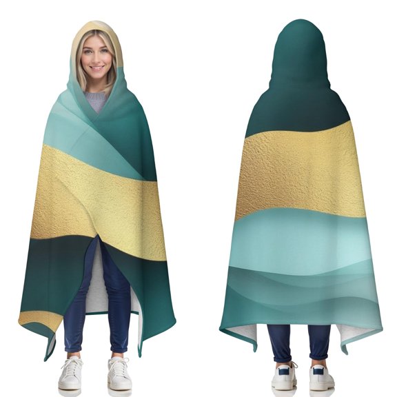 Wearable Blanket,Teal Gold Marble Pattern Hooded Wearable Sherpa Blanket for Adults & Teens,Winter Poncho Shawl Wrap Cape Thick Warm,50"x60"