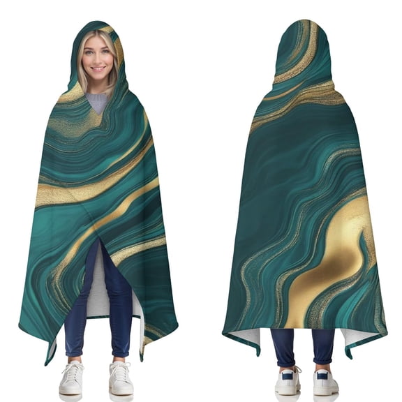 Wearable Blanket,Teal Gold Marble Pattern Hooded Wearable Sherpa Blanket for Adults & Teens,Winter Poncho Shawl Wrap Cape Thick Warm,50"x60"